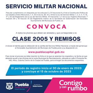 GOBERNACIÓN MUNICIPAL CONVOCA A JÓVENES DE LA CAPITAL POBLANA NACIDOS EN 2005 Y REMISOS A TRAMITAR SU CARTILLA MILITAR