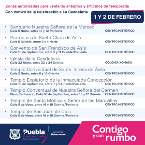 POR FESTEJOS A LA CANDELARIA, GOBERNACIÓN MUNICIPAL AUTORIZA VENTA DE ANTOJITOS EN INMEDIACIONES DE 9 TEMPLOS DE LA CIUDAD